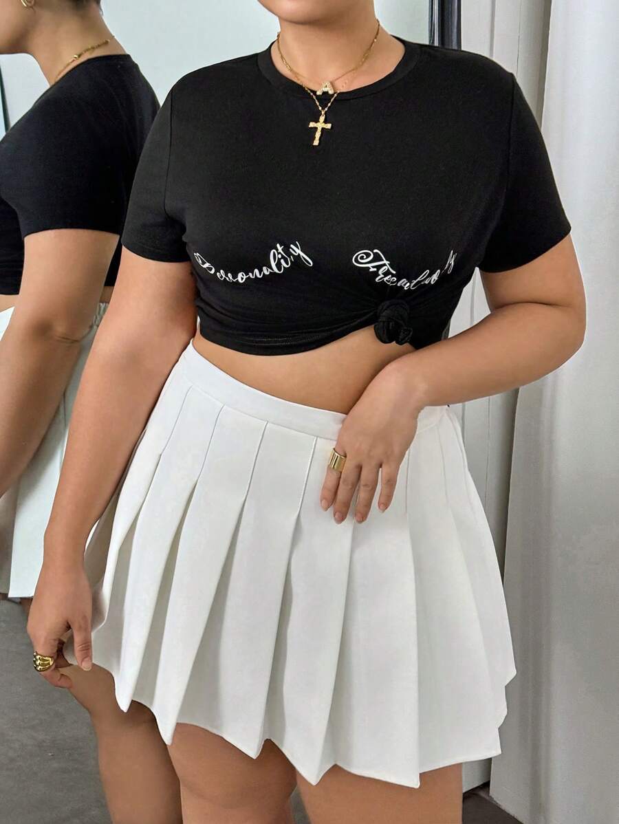 SHEIN EZwear Plus Size Black Print Slim Fit Stretchy Short Sleeve T-Shirt,Black And White,Autumn,Casual,Everyday Women's Y2k Tops For Summer,Spring,Old Money Style - Black - View 1