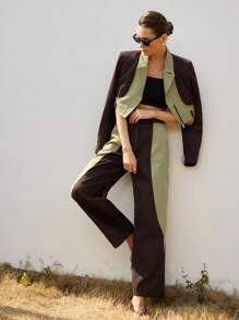 Aveloria Modichic 2pcs Women's Fashion Young Rebel Contrast Color Utility Cropped Jacket & Pants Suit Set