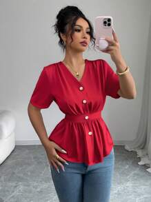 Chiquease Blouse élégante et tendance Top de gamme à encolure en V avec manches évasées et ceintrage à la taille - Rouge - Voir 1