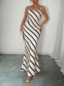 Chiquease 女式超长优雅杏色条纹休闲/工作合身吊带连衣裙