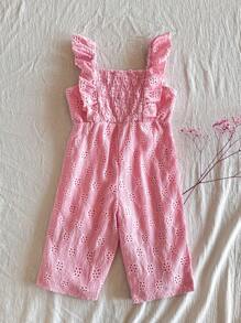 SHEIN Baby Girl Solid Color Embroidered Ruffle Hem Romper - Hot Pink - View 2