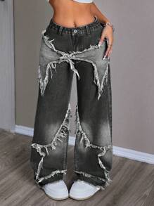 SHEIN EZwear Pantalones vaqueros de pierna ancha y holgados para mujer con flecos y remiendos