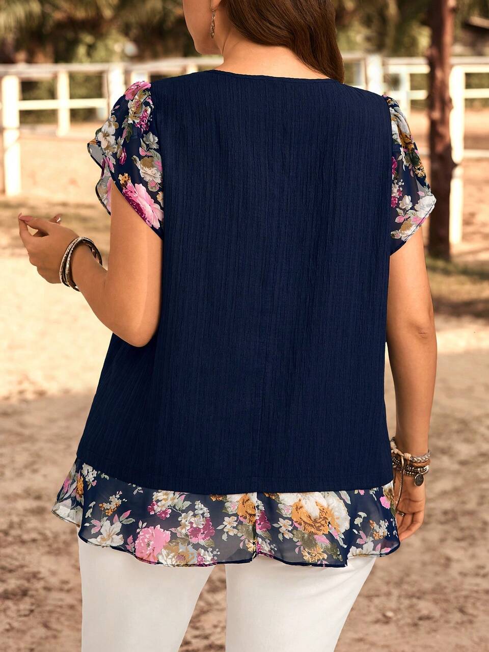 Plus Size Casual Floral Print Patchwork Blouse, Suitable For Summer, Country Women, Summer For Women, Western Wear Women Tunic Top, Vacation, Spring