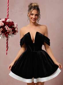 SHEIN Belle Elegante abito da cocktail nero di lusso in velluto, a linea ad A con spalle scoperte, abito da ospite di matrimonio, abito da festa, abito da ballo - nero - Visualizzare 2