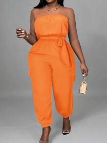 Slaydiva Mono informal de unicolor para mujer talla grande con cinturilla, bolsillos y piernas entalladas - Diseño C