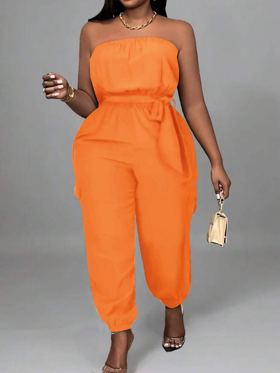 Slaydiva Damen Jumpsuit in Große Größen im lässigen Street-Style Einfarbig, Gürtelband, Taschen und schmalen Beinen - Design C