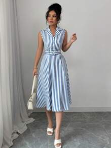 Elenzga Vestido básico de verano de longitud media sin mangas a rayas para mujer - Azul y blanco - Ver 7