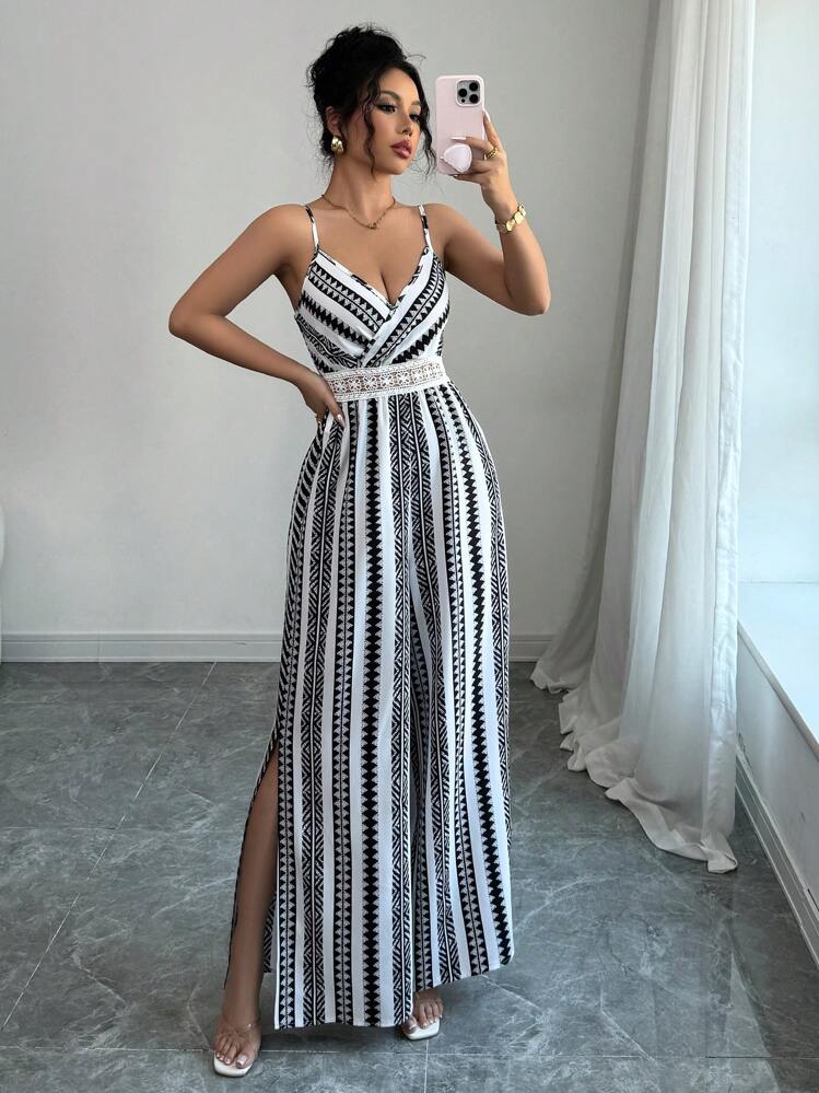 Selianne Women's Lace Patchwork Spaghetti Strap Jumpsuit, Minimalist & Fashionable For Casual Daily Wear - Black and White - View 3