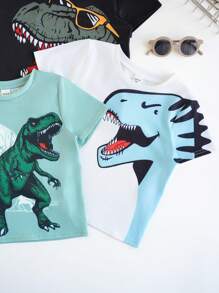 3pcs Young Boys Leisure Street Japanese And Korean Cute Loose Card Cute Cartoon Dinosaur Printed Round Neck Short Sleeve T-Shirt Multi Piece Set Suitable For Daily Travel, Sports, Home Vacation Wearing Suitable For Spring And Summer Festivals
