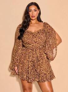 SHEIN BAE Plus Size Women's Brown Leopard Print Chiffon Dress,Autumn Elegant Night Out Club V-Neck Bowknot Tie Bishop Sleeve Side Slit Casual Beach Party - Brown - View 3
