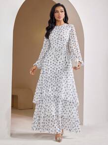 Veilorie Modest Casual Ditsy Floral Flare Hem Ladies' Arabic Style Long Dress - Multicolor - View 2
