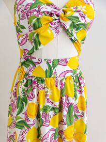 Soleia Women's Vacation Spring Summer V-Neck Tropical Print A-Line Cami Dress - Purple - View 4