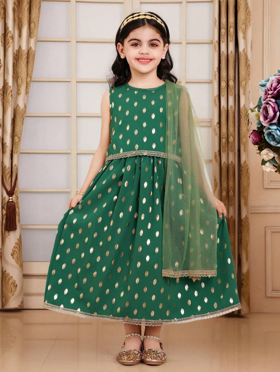 SHEIN 2 件套简约黑色斋月派对套装，适合年轻女士，带金箔印花 - 綠色 - 查看 1