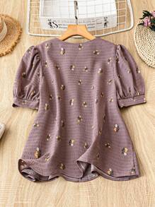 Mulvari Plus Size Women Floral Print Short Puff Sleeve Casual Shirt