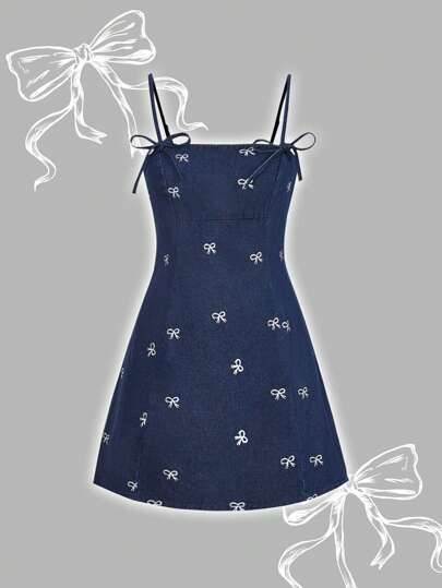 SHEIN MOD Plus Size Blue Denim Dress Sweet Bow Suspender Dress Small Dress Cute And Charming Dresses For Spring And Summer