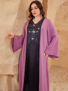 Al Najma Vestido de Talla Grande con Escote en V, Parches con Rhinestones, Elegante - Multicolor - Ver 1