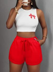 Slaydiva 夏季休闲黑橙十字印花短款上衣和宽松短裤套装 - 紅色 - 查看 5