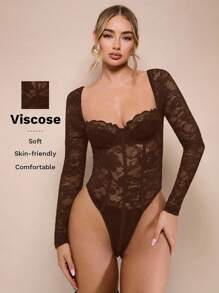 SHEIN BAE 黑色性感蕾丝内衣诱人透明紧身衣，长袖紧身衣，适合女性日常穿着、约会之夜或外出 - 咖啡棕 - 查看 1