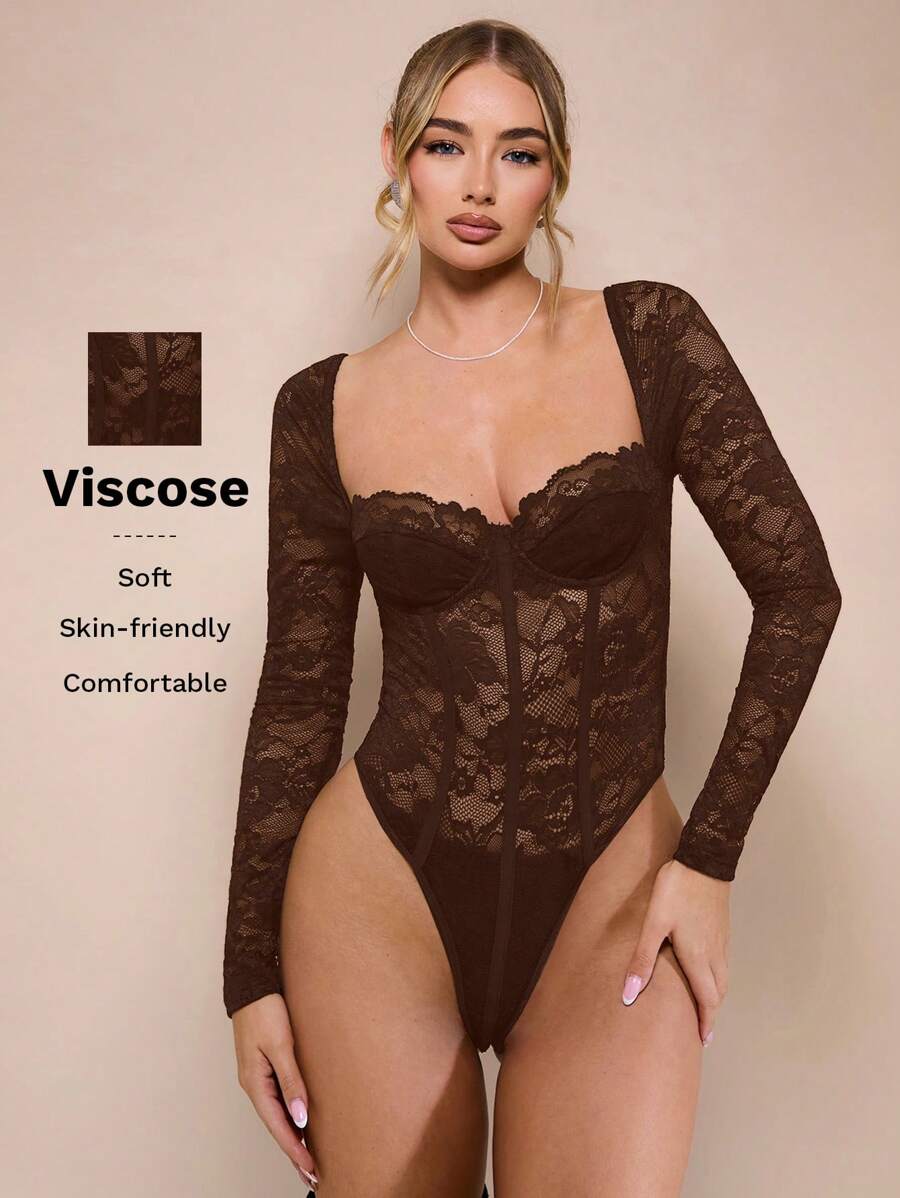 SHEIN BAE 黑色性感蕾丝内衣诱人透明紧身衣，长袖紧身衣，适合女性日常穿着、约会之夜或外出 - 咖啡棕 - 查看 1