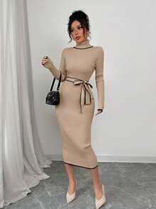 Elenzga Women Elegant High Neck Fitted Ribbed Texture Bowknot Pullover Sweater Dress - Khaki - View 6