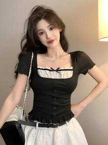 DAZY Women Contrast Color Bow Casual Short Sleeve T-Shirt Summer