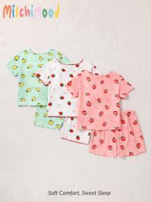 6pcs/Set Baby Girls ' Adorable Fruit Print Ruffled Casual Short Sleeve T-Shirt And Shorts Pajama Set, Summer Baby Girl Clothes Summer Clothes Baby Girls Sets Baby Girl Clothes Summer Baby Girls Sets Baby Girl Clothes Strawberry Lemond Peach Baby Clothes Baby Fruit Print Baby Pajamas Green White Pink Pajamas Set Sleepwear For Kids Holiday Travel Releax Summer Clothes