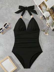 Swim Lushoire 1 件女式纯色吊带背心，V 领，修身款，休闲时尚，适合夏季日常穿着 - 黑色 - 查看 5