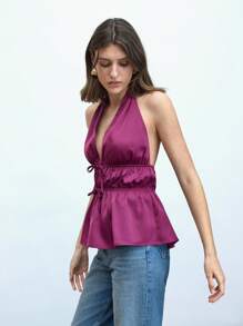 Maija Elegante top de mujer de cuello en V con detalle de fruncido y tirantes, blusa de verano versátil