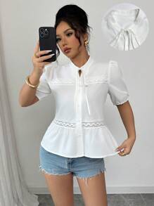 SHEIN Clasi New Summer Lace Patchwork Hollow Bow Short Sleeve Shirt - White - View 1