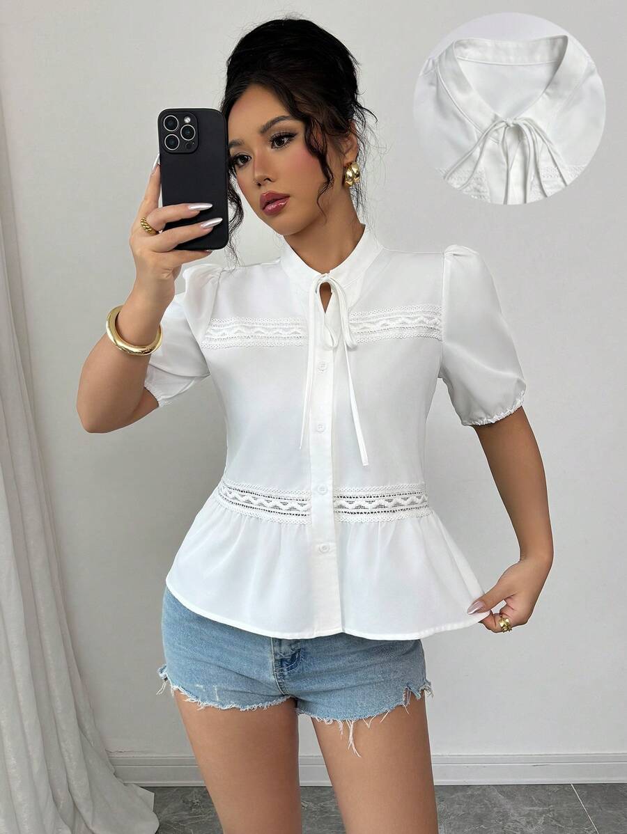 SHEIN Clasi New Summer Lace Patchwork Hollow Bow Short Sleeve Shirt - White - View 1