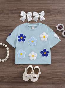 SHEIN 女宝宝短袖圆领T恤简约时尚休闲日常 - 藍色 - 查看 3