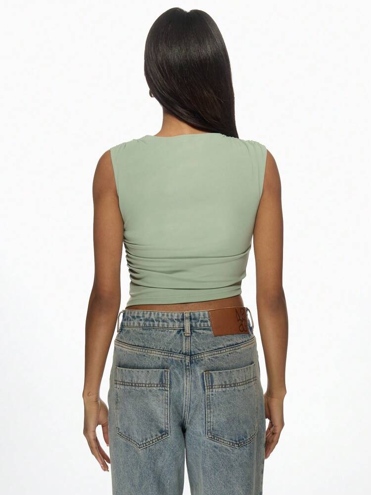 MISSGUIDED Asymmetric One Shoulder Ruched Crop Top Sleeveless Summer Party Club Evening Fitted Tank Contemporary Fashion Sage Green Bodycon Christmas