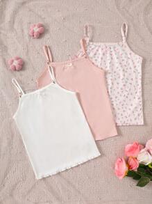 3pcs/Set Tween Girl Liberty Print, Solid Color Spring Cami Top Innerwear Sweet Ditsy Floral Girls' Base Layer Top"Dopamine Color Palette - Multicolor - View 8
