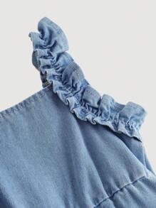 SHEIN Macacão Denim Azul Claro Simples e Casual do Dia a Dia para Menina, Vestimenta Casual de Primavera e Verão, Férias, Estilo Boho Country para Meninas, Looks de Praia e Country para Meninas - Lavagem clara - Visão 3