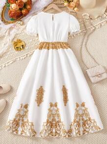 Vestido de vacaciones y celebraciones con mangas abullonadas, estampado retro elegante para niña preadolescente
