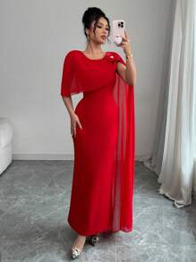 Rafferiza Váy dạ hội dự tiệc không tay bằng vải voan mỏng họa tiết hoa 3D thanh lịch, Xuân/Hè - Đỏ - Xem 6