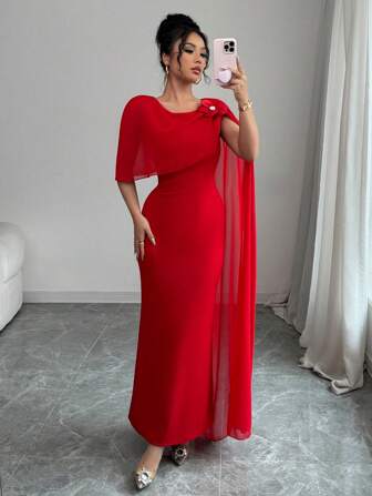 Rafferiza Elegant 3D Floral Sheer Chiffon Sleeveless Bodycon Party Evening Gown, Spring/Summer