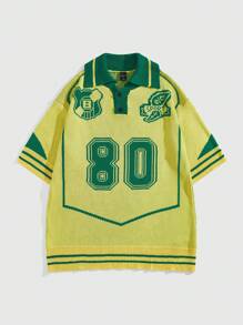 ROMWE MEN Prep 男士标语嵌花针织套头衫，简约时尚休闲日常穿着 - 芥末黃 - 查看 1