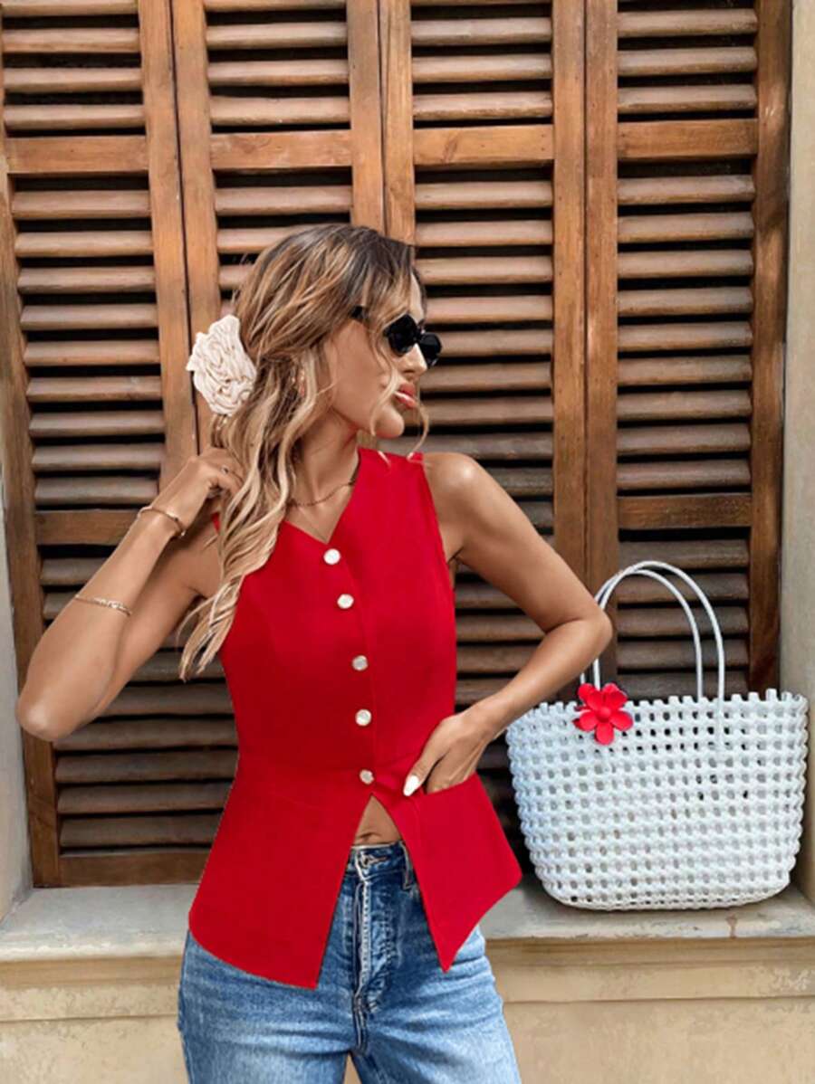 Pariaura 女士红色性感前纽扣背心 - 紅色 - 查看 1