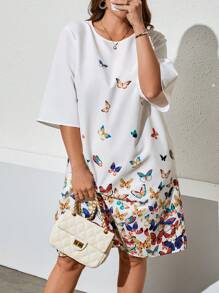 SHEIN Clasi Plus Size Round Neck Short Sleeve Butterfly Print Simple Casual Short Dress - White - View 1