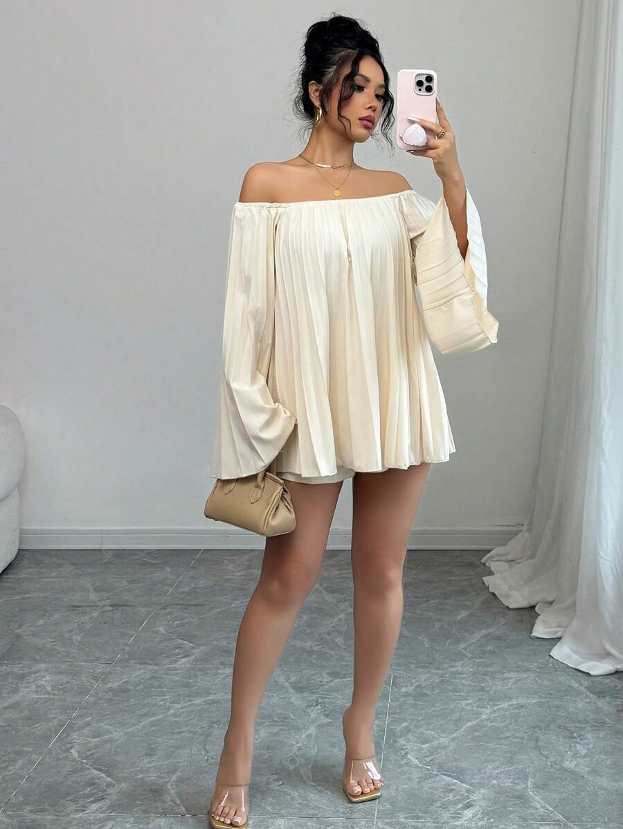 Elenzga Women Casual Romantic Ruched Off Shoulder Ruffled Two-Piece Set, Suitable For Vacation & Daily Wear Fall Cloth For Women