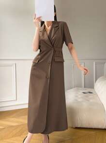 Modelyn Vestido largo casual y con botones delanteros de unicolor para uso cotidiano - Café - Ver 1