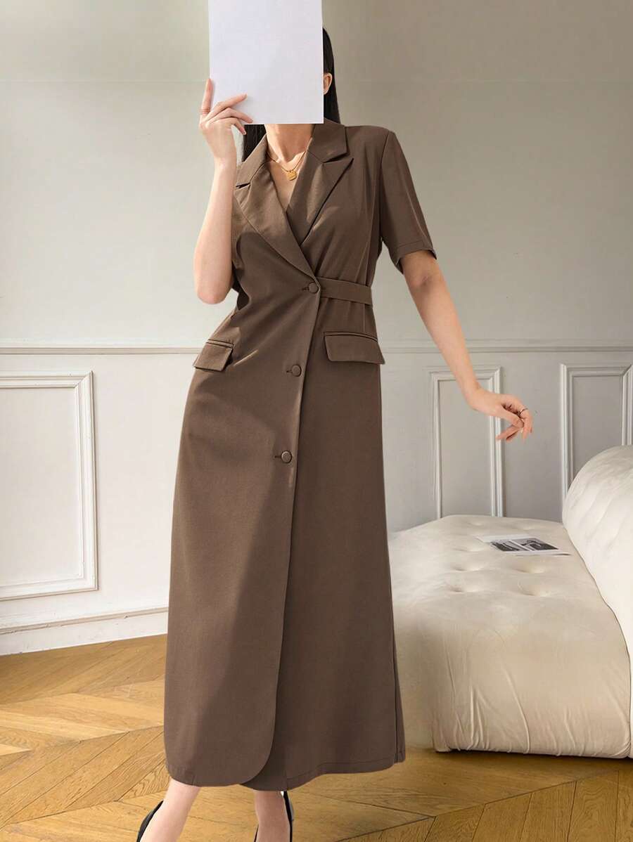 Modelyn Women Casual Commuter Solid Color Front Button Long Dress - Coffee - View 1