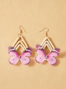 SHEIN VCAY 手工编织藤条3D逼真蝴蝶流苏耳环，清新甜美 - 彩色 - 查看 2