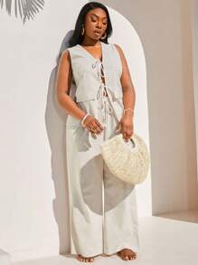 SHEIN SXY 大码女式杏色棉麻面料开衫无领无领西装背心和及地直筒裤套装，适合初春、春夏季、雨林、海滩派对、海边度假、篝火晚会，凉爽轻盈，修身版型，穿着舒适，易于搭配且看起来苗条，突出您的身材，凸显身材