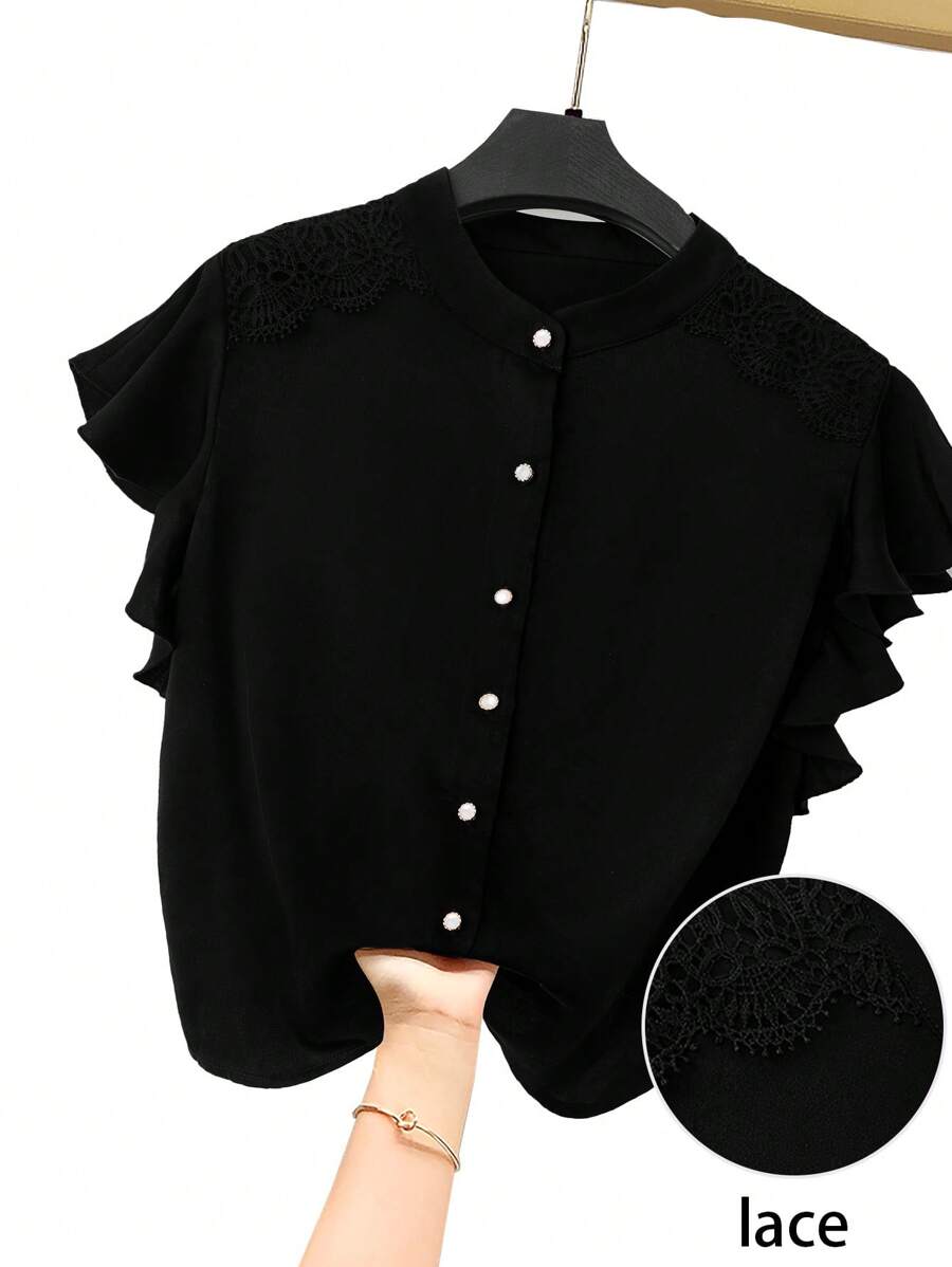 SHEIN LUNE Plus Size Women Patchwork Lace Trim Blouse - Black - View 1