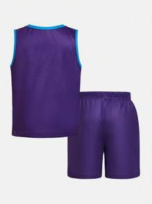 SHEIN Young Boys Casual Loose Fit Basketball Print Short Sleeve T-Shirt And Matching Comfortable Sports Shorts, Summer
