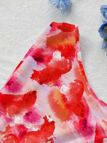 Soleia Damen Rot Blumen Aquarell Muster Asymmetrischer Saum Asymmetrischer Hals Top, Sommerurlaub