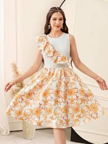 SHEIN Teen Girls Casual Elegant Asymmetrical Ruffle Drawstring Crew Neck Blouse And Retro Floral Print A-Line Hem Mini Skirt Set - Gold - View 1