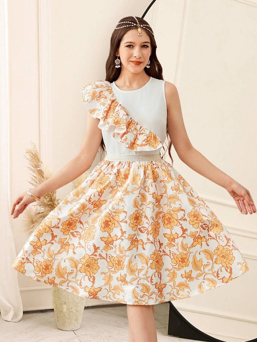 SHEIN Teen Girls Casual Elegant Asymmetrical Ruffle Drawstring Crew Neck Blouse And Retro Floral Print A-Line Hem Mini Skirt Set - Gold - View 1